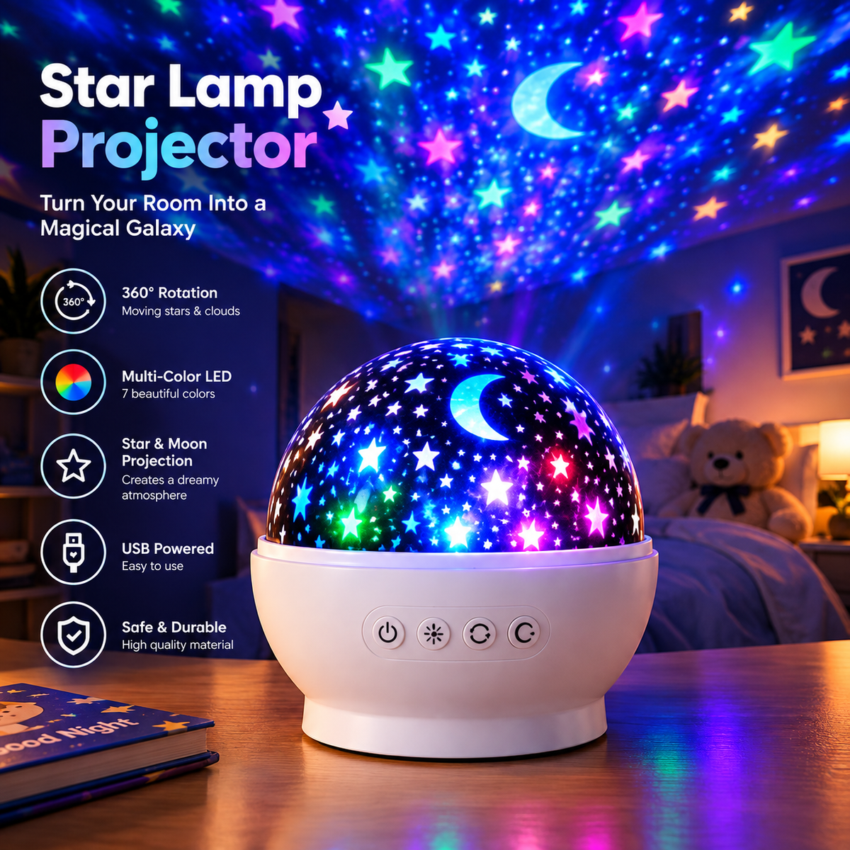 Star Lamp Projector – 360° Rotating Starry Night Light